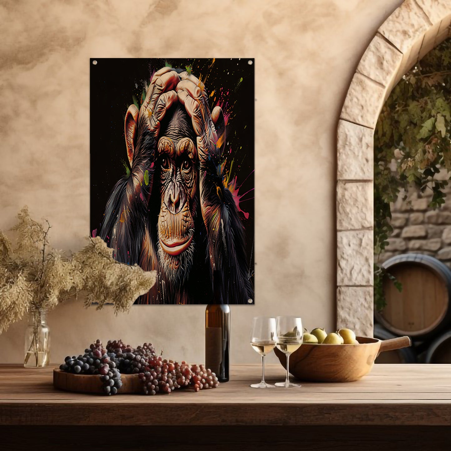 Realistisch schilderij van aap met kleurenexplosie tuinposter