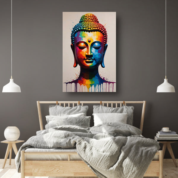 Colorful Serenity: A Modern Buddha Portrait canvas met baklijst