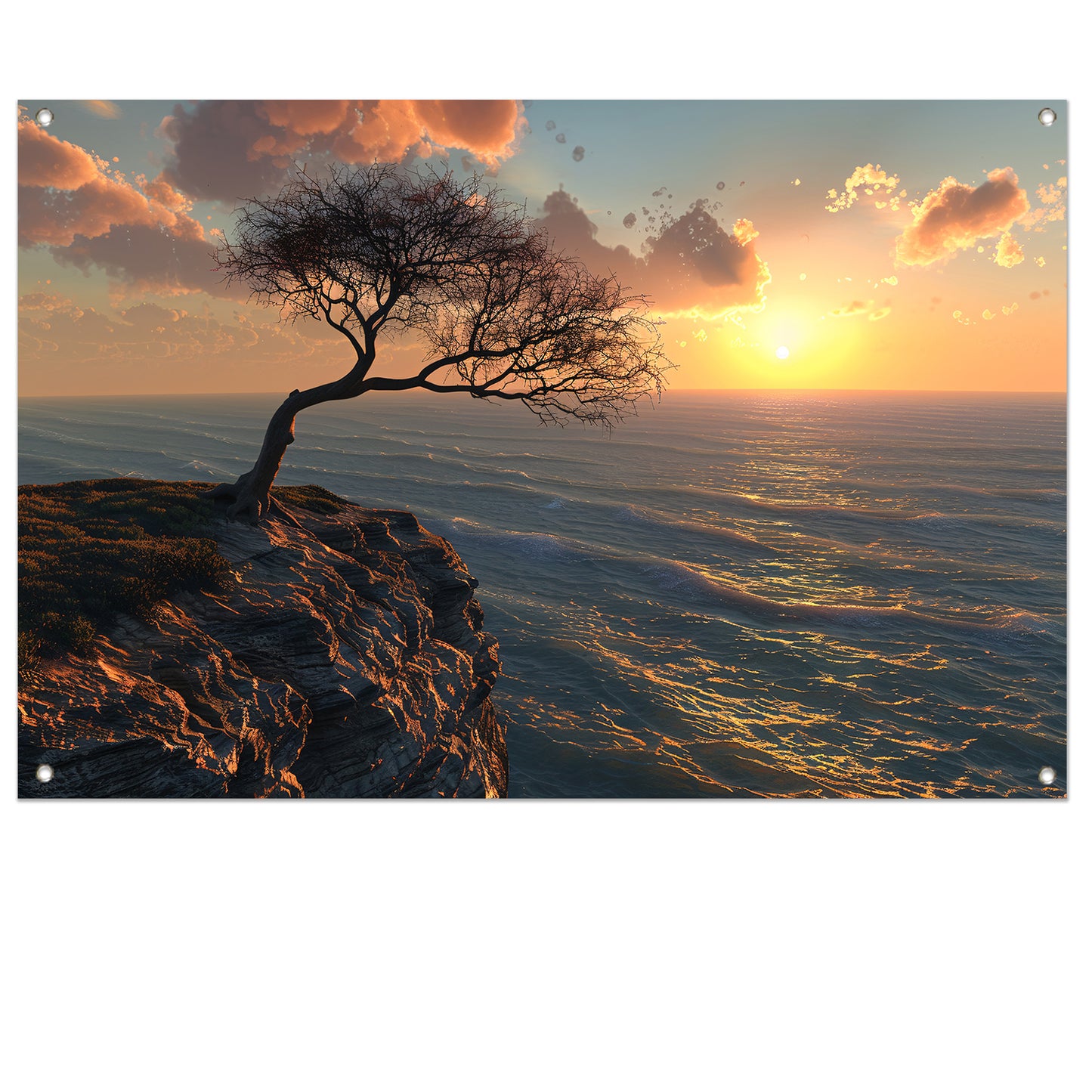 Een eenzame boom bij zonsondergang tuinposter