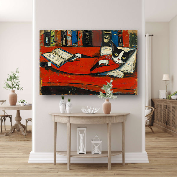 Ontspannen kat op bank met boek canvas