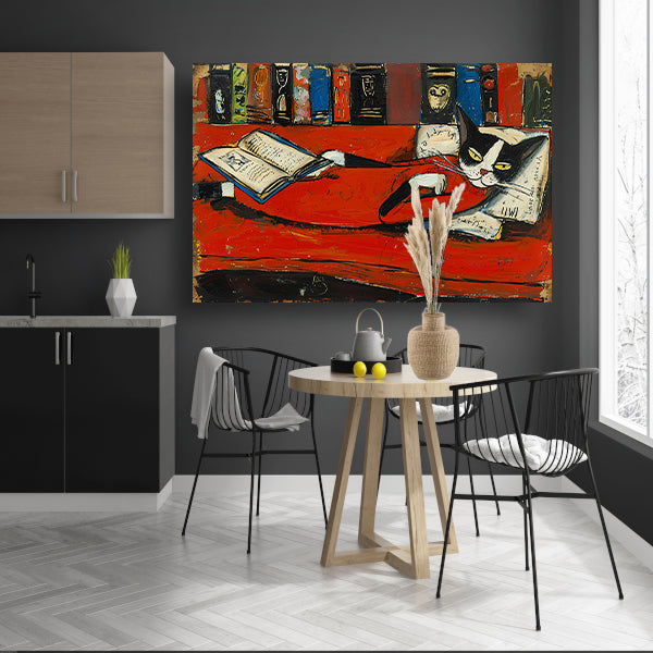 Ontspannen kat op bank met boek poster