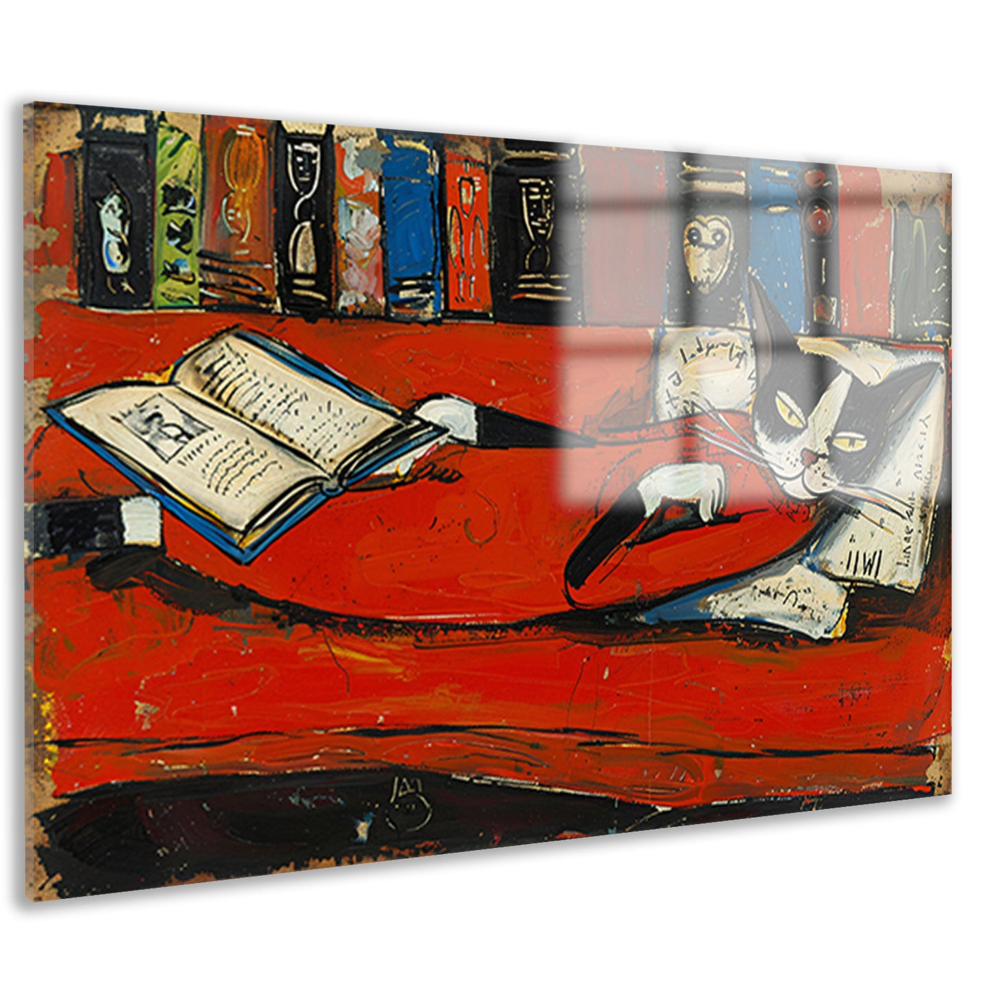 Ontspannen kat op bank met boek acrylglas