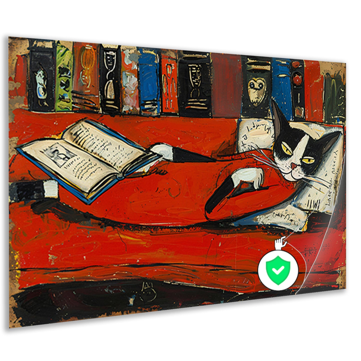 Ontspannen kat op bank met boek poster