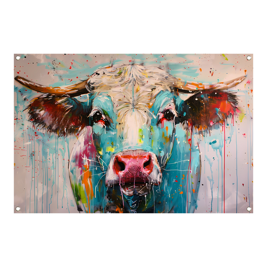 Abstracte kleurrijke koe schilderij tuinposter