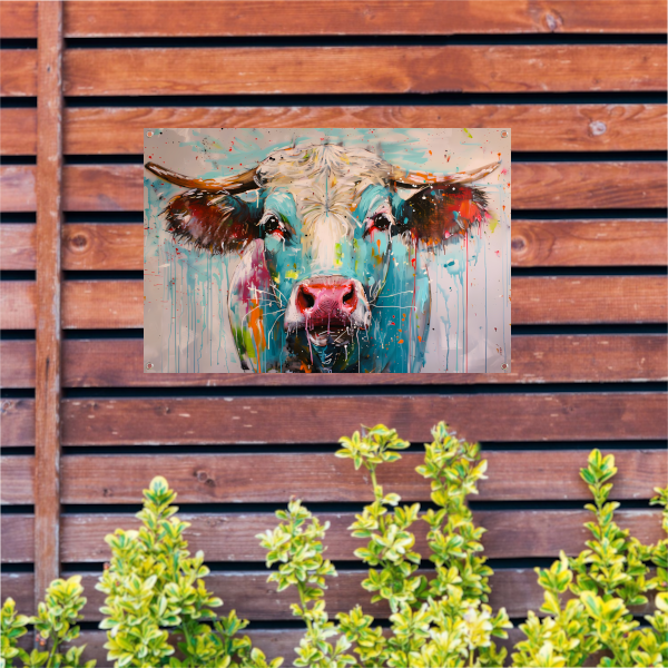 Abstracte kleurrijke koe schilderij tuinposter