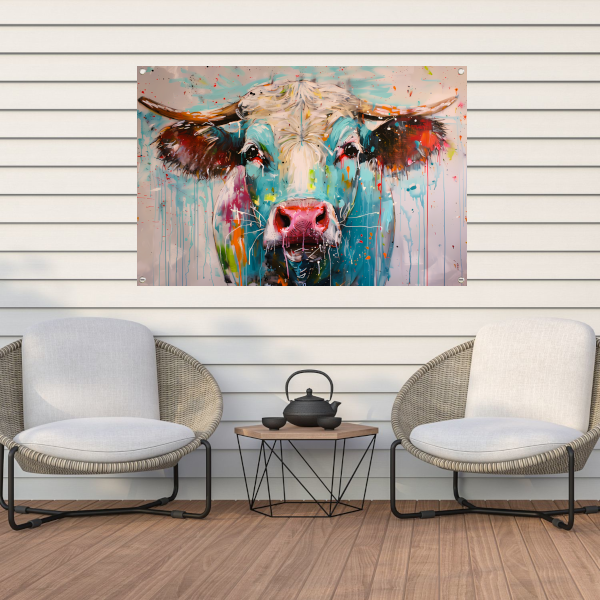 Abstracte kleurrijke koe schilderij tuinposter