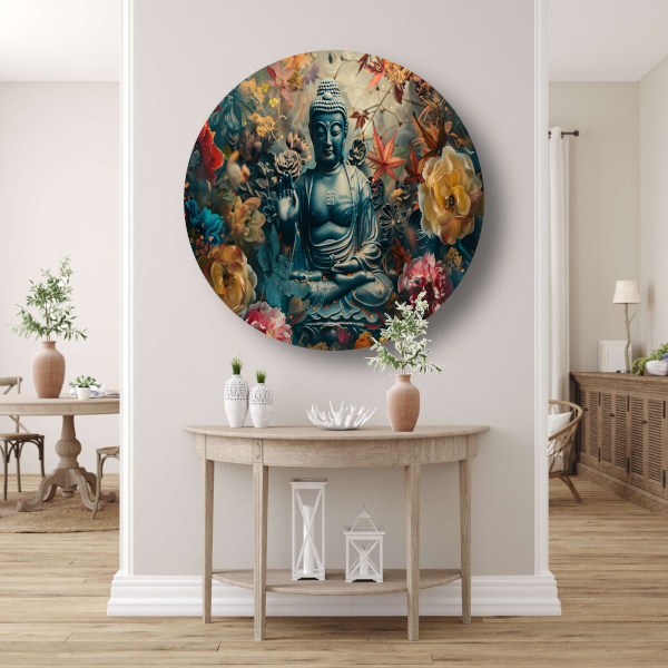 Mediterende Boeddha in Lotus aluminium muurcirkel