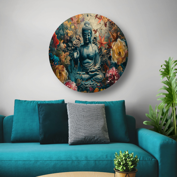 Mediterende Boeddha in Lotus aluminium muurcirkel
