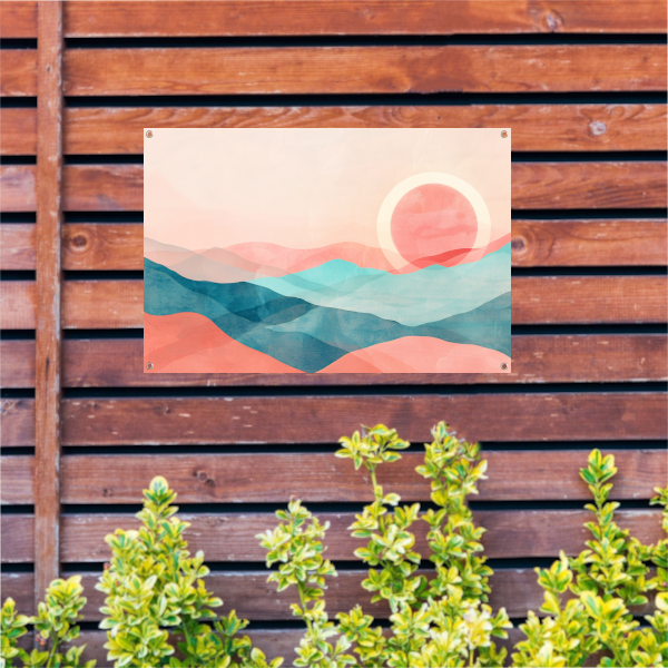 Abstract landschap met zonsondergang in pasteltinten tuinposter