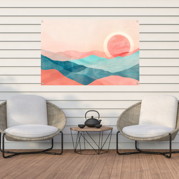 Abstract landschap met zonsondergang in pasteltinten tuinposter