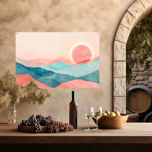 Abstract landschap met zonsondergang in pasteltinten tuinposter