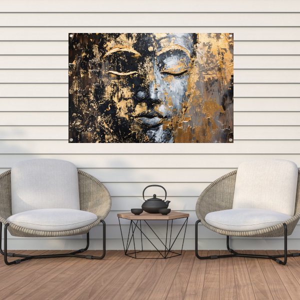Moderne abstracte interpretatie van Boeddha in goud en zwart tuinposter