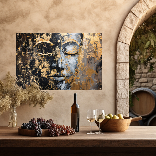 Moderne abstracte interpretatie van Boeddha in goud en zwart tuinposter