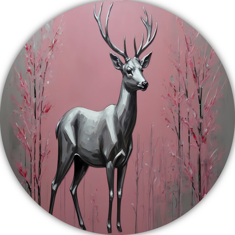 Zilveren hert in roze abstract bos aluminium muurcirkel
