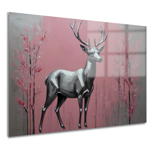 Zilveren hert in roze abstract bos acrylglas