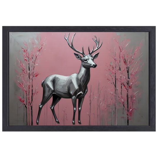 Zilveren hert in roze abstract bos canvas met baklijst
