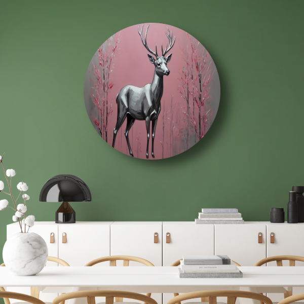 Zilveren hert in roze abstract bos aluminium muurcirkel