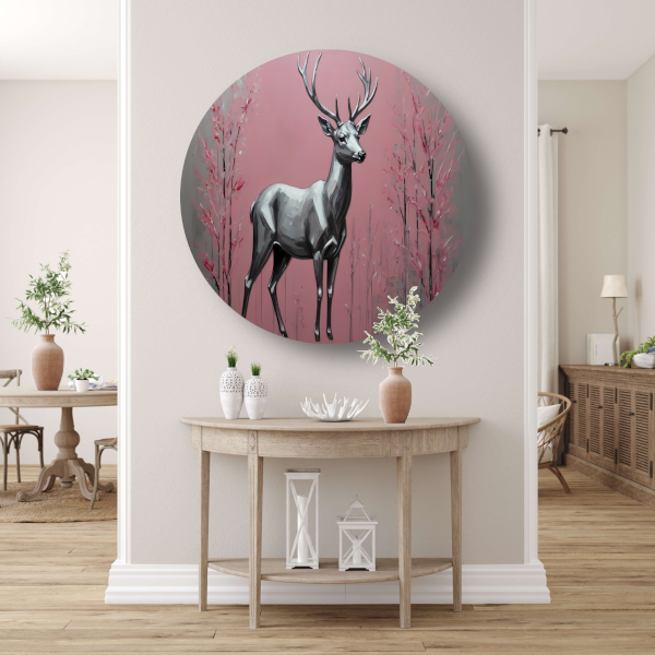 Zilveren hert in roze abstract bos aluminium muurcirkel