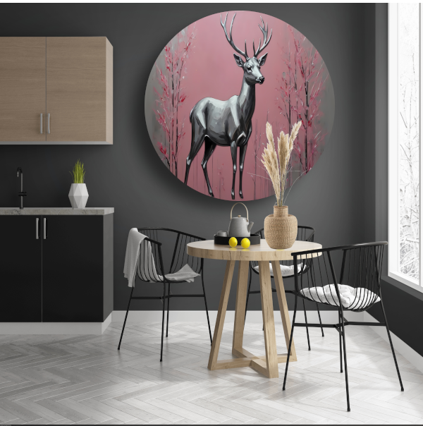 Zilveren hert in roze abstract bos aluminium muurcirkel