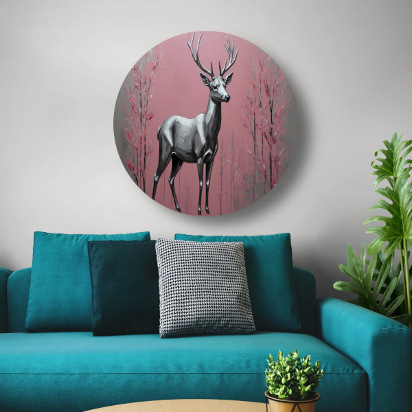 Zilveren hert in roze abstract bos aluminium muurcirkel