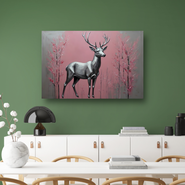 Zilveren hert in roze abstract bos canvas met baklijst