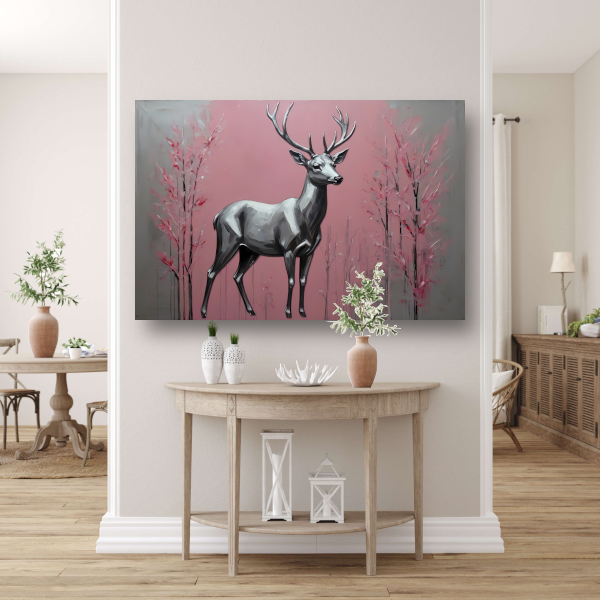 Zilveren hert in roze abstract bos canvas met baklijst