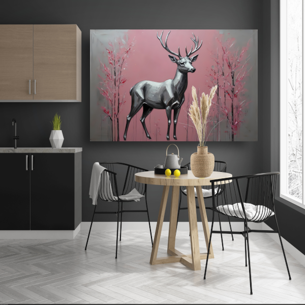 Zilveren hert in roze abstract bos canvas met baklijst