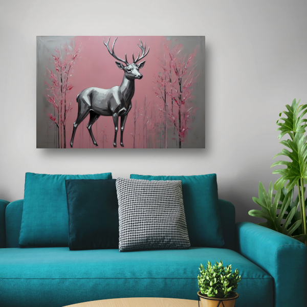 Zilveren hert in roze abstract bos canvas met baklijst