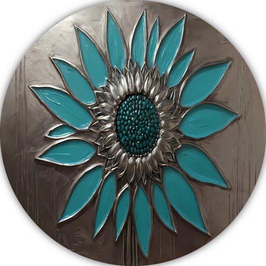 Turquoise en Zilveren Zonnebloem Kunstwerk aluminium muurcirkel