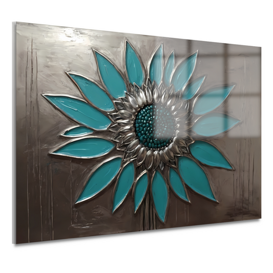 Turquoise en Zilveren Zonnebloem Kunstwerk acrylglas