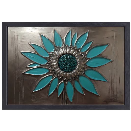 Turquoise en Zilveren Zonnebloem Kunstwerk canvas met baklijst