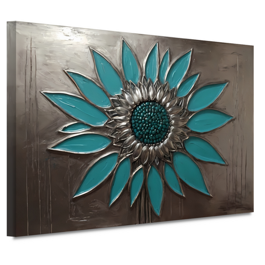 Turquoise en Zilveren Zonnebloem Kunstwerk canvas