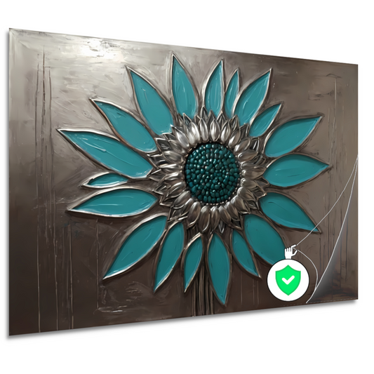 Turquoise en Zilveren Zonnebloem Kunstwerk poster