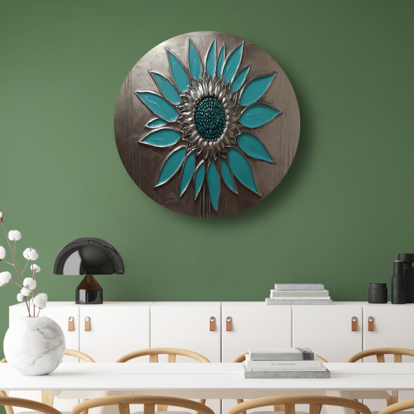 Turquoise en Zilveren Zonnebloem Kunstwerk aluminium muurcirkel