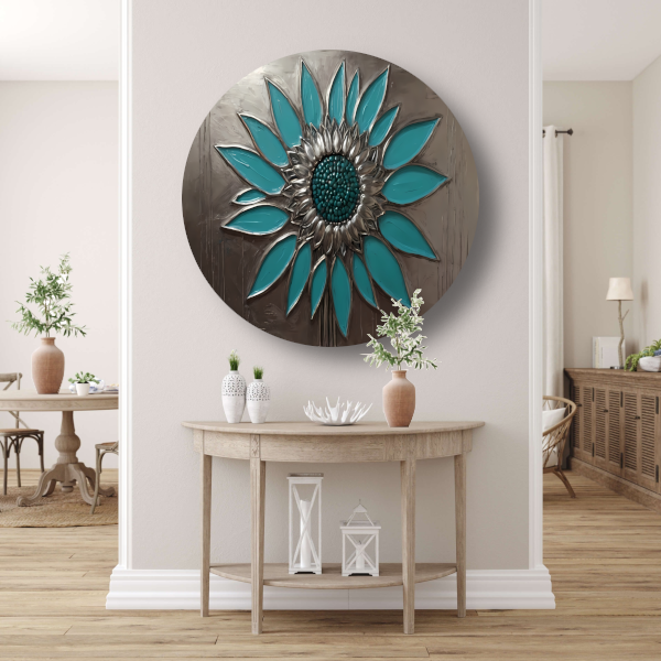 Turquoise en Zilveren Zonnebloem Kunstwerk aluminium muurcirkel