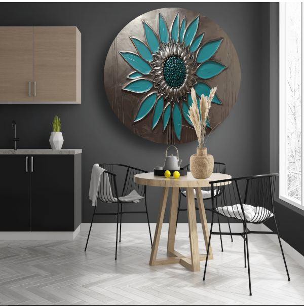 Turquoise en Zilveren Zonnebloem Kunstwerk aluminium muurcirkel