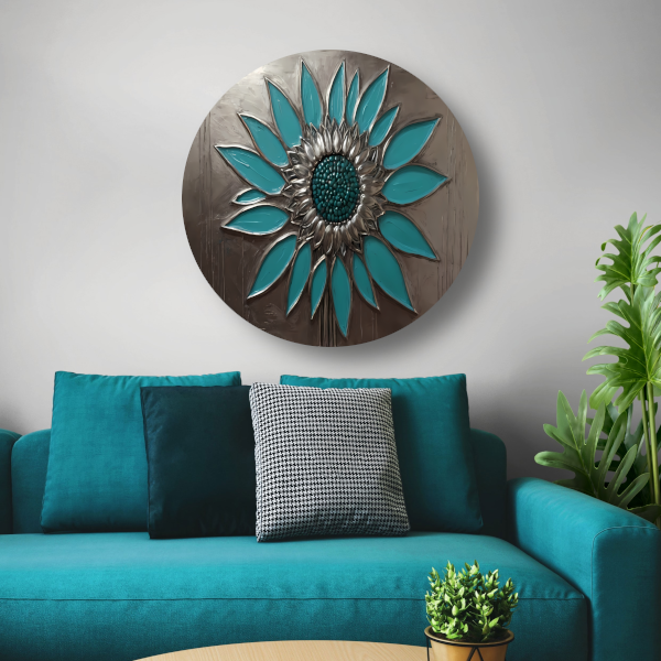 Turquoise en Zilveren Zonnebloem Kunstwerk aluminium muurcirkel
