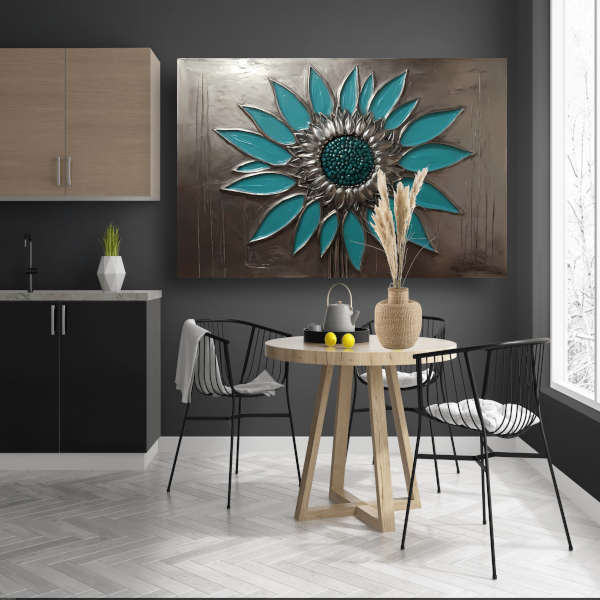 Turquoise en Zilveren Zonnebloem Kunstwerk canvas met baklijst