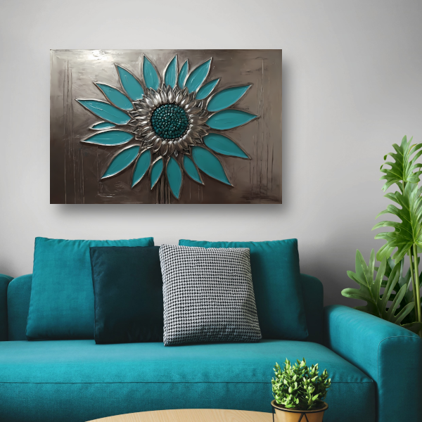 Turquoise en Zilveren Zonnebloem Kunstwerk canvas met baklijst