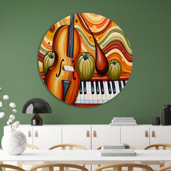 Surrealistisch schilderij van viool en fruit aluminium muurcirkel