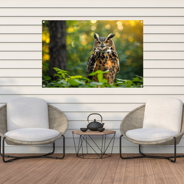 Wijze uil in het groene bos bij zonsondergang tuinposter