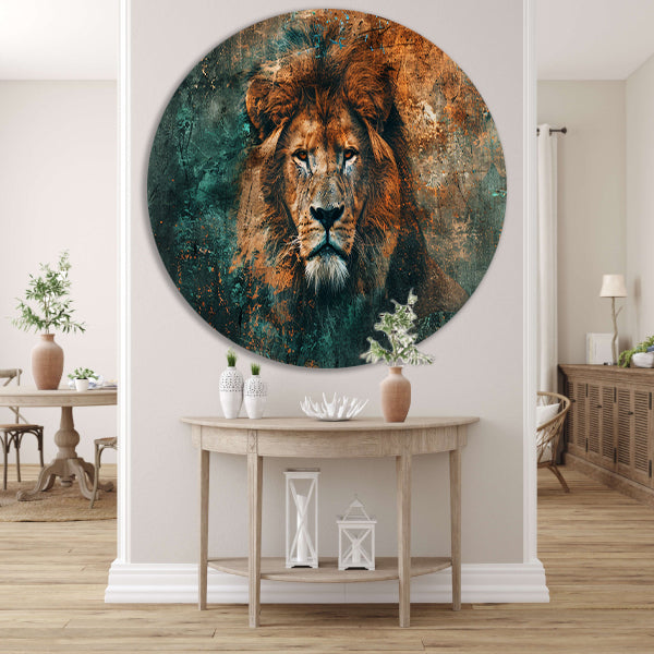 Mysterieus leeuwenportret met abstracte texturen aluminium muurcirkel