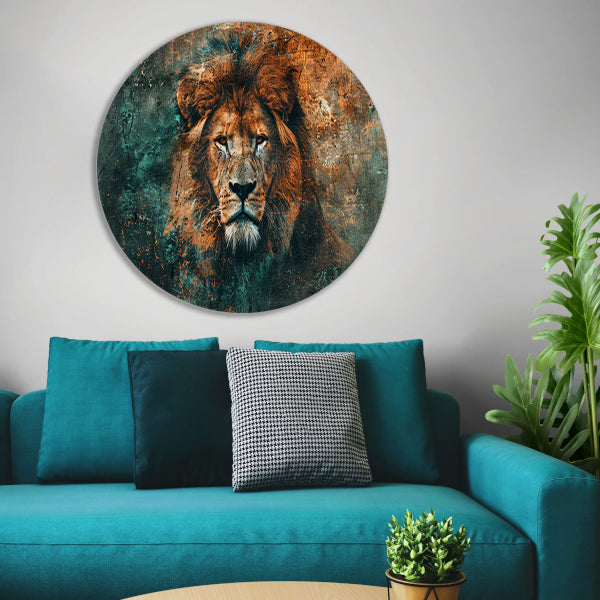 Mysterieus leeuwenportret met abstracte texturen aluminium muurcirkel