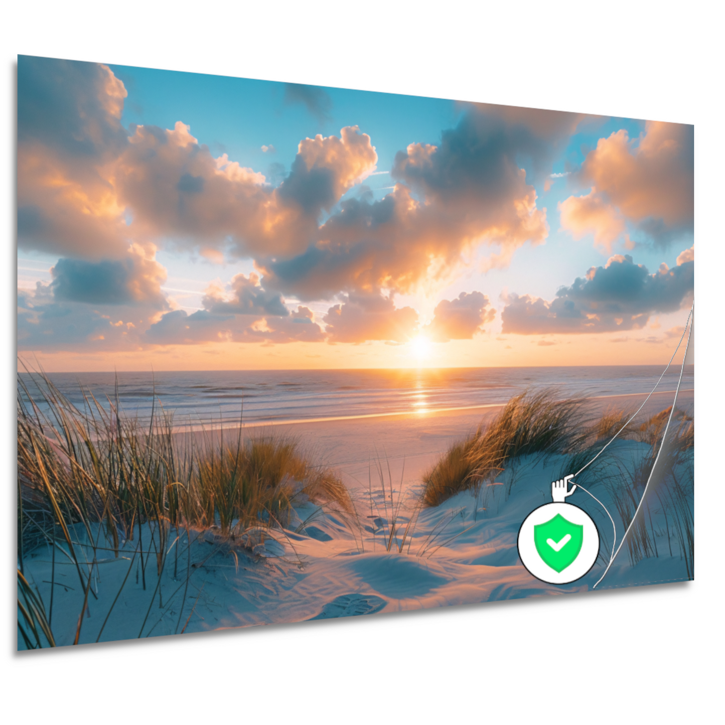 Betoverende zonsopgang op een rustig zandstrand poster