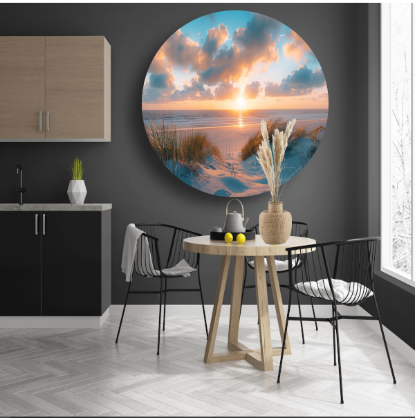 Betoverende zonsopgang op een rustig zandstrand aluminium muurcirkel