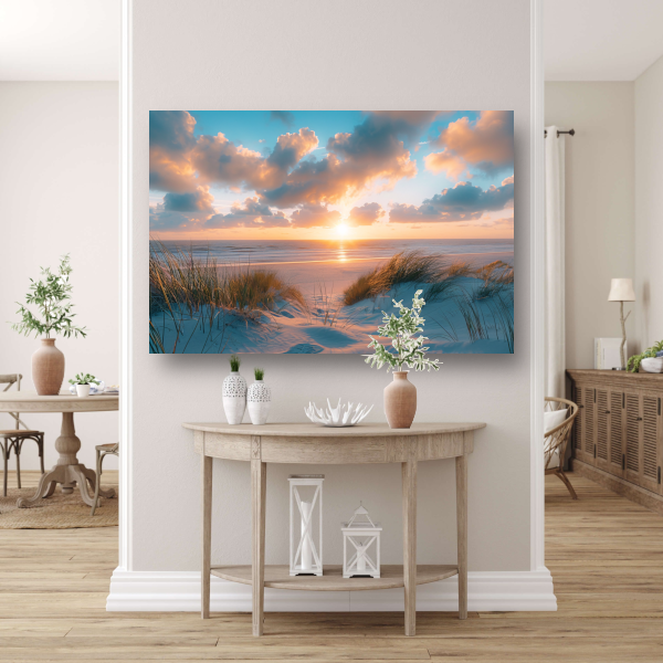 Betoverende zonsopgang op een rustig zandstrand canvas