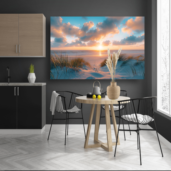 Betoverende zonsopgang op een rustig zandstrand canvas