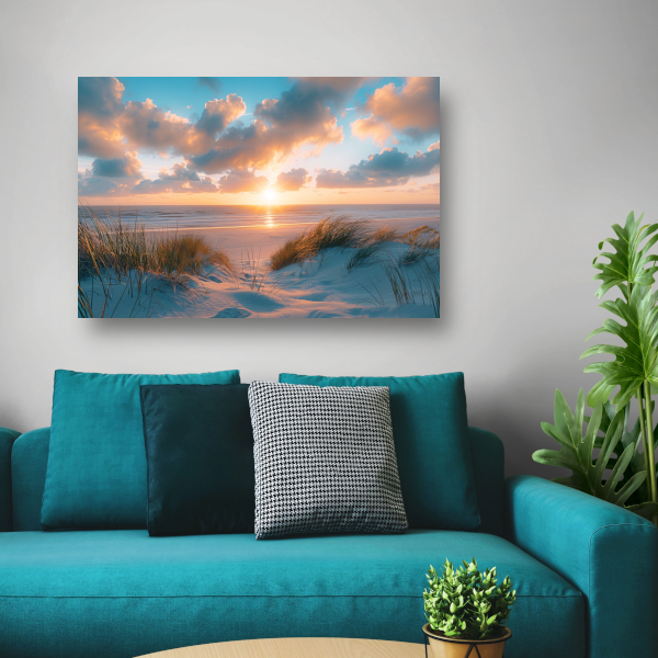 Betoverende zonsopgang op een rustig zandstrand canvas