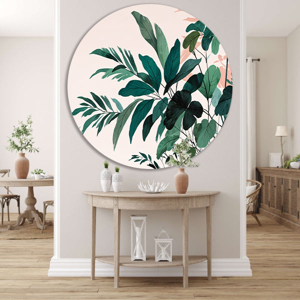 Japandi stijl botanisch kunstwerk met bladeren aluminium muurcirkel