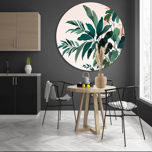 Japandi stijl botanisch kunstwerk met bladeren aluminium muurcirkel